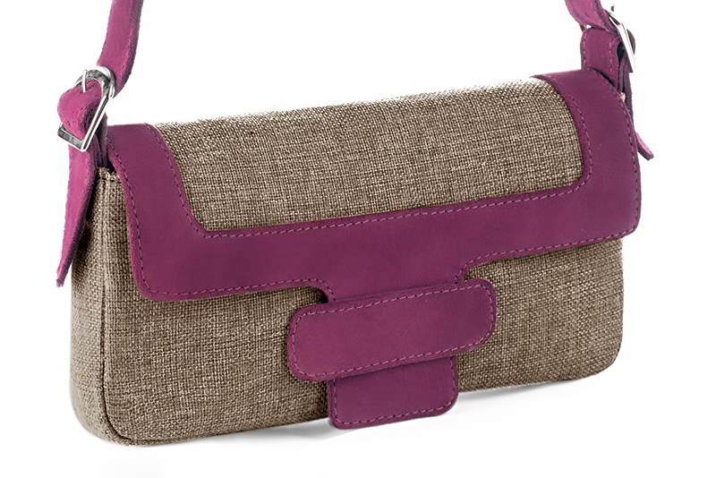 Tan beige and mulberry purple women's dress handbag, matching pumps and belts. Front view - Florence KOOIJMAN